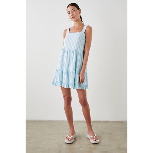 NWT Rails Sandy Dress Linen Blend Striped Ruffle Mini in Laguna Stripe, Small - Picture 1 of 16